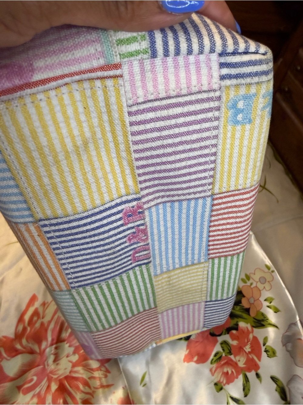 Dooney & Bourke Patchwork Seersucker Tote Bag Multicolor Striped | Leather Trim - Picture 3 of 16